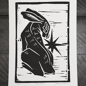 The Hare - linocut wood block print in black, hand carved printmaking