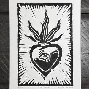 The Heart - linocut wood block print in black, hand carved printmaking