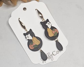 Handmade Halloween Cat Dangle Earrings: Polymer Clay Ghost & Pumpkin