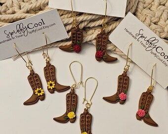 Cowboy or Cowgirl boot earrings adorned with a cute flower hand made from lightweight polymer clay - Yellow Red Pink Roses or Sunflower