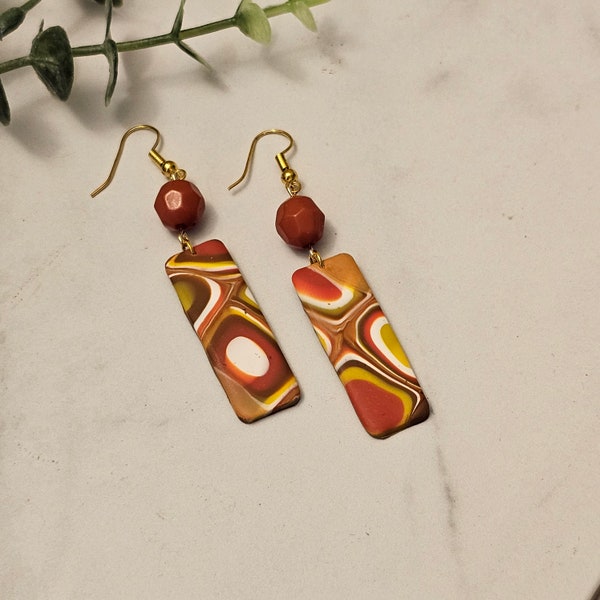 Retro Mod Earrings Brown Orange Yellow Midcentury Accessories Geometric Jewelry Polymer Clay Art Earrings