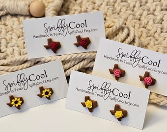 State of Texas polymer clay stud earrings with Flowers Red, Pink, or Yellow Rose or Sunflower Brown Base