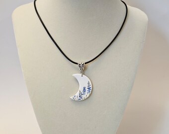 Bluebonnet Crescent Moon Necklace: Texas Wildflower Polymer Clay Pendant