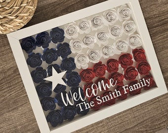 Texas Lone Star State flag made of hand quilled flowers in a shadow box with personalized options