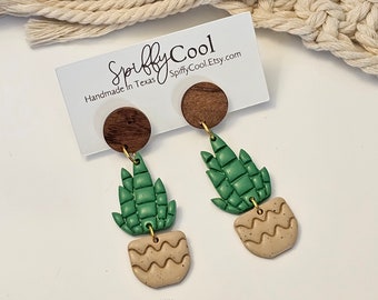 Cute Little Potted Snake Plant earrings plant mom earrings polymer clay earrings with Wooden earring posts hypoallergenic boho earrings