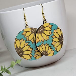 Hand Painted Sunflower Earrings: Laser Cut Wood, Gold Plated