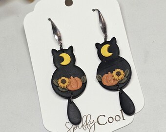 Autumn Cat Dangle Earrings: Handmade Polymer Clay Pumpkin Sunflower Halloween Jewelry
