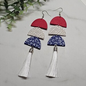 Shoulder Duster Earrings Red White and Blue Independence Day Earrings 4th of July Jewelry Abstract Earrings Boho Half Moon Art Deco Jewelry