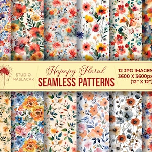 Patrón floral alegre sin costuras - Descarga digital / Colores vibrantes y vívidos / Patrón repetitivo sin costuras para sublimación, tela y scrapbooking