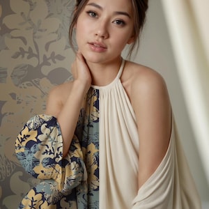 Elegant Woman Dress Mockup – Seated Model PSD | Editable Floral Pattern Fashion Mockup for Textile Designers