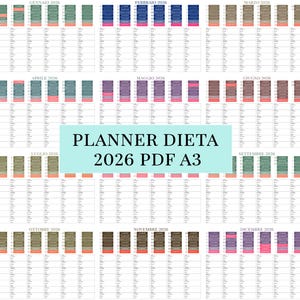 Può includere: Un planner dietetico 2026 in formato PDF, formato A3, con layout a calendario. Il calendario presenta sezioni mensili con intestazioni codificate a colori e spazio per le voci giornaliere. Il testo "PLANNER DIETA 2026 PDF A3" è visualizzato.