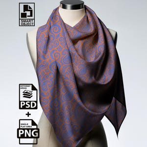Può includere: Una sciarpa quadrata di seta drappeggiata su un manichino. La sciarpa presenta un motivo paisley ripetuto in tonalità blu e arancioni. L'immagine include anche il testo "SMART OBJECT", "PSD + PNG" e "DIFFERENT AREAS".