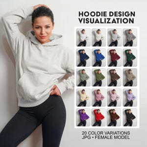 Può includere: Una felpa con cappuccio grigio chiaro con una tasca a marsupio frontale e maniche lunghe. L'immagine include il testo HOODIE DESIGN VISUALIZATION e mostra una griglia di 20 varianti di colore della stessa felpa, etichettata 20 COLOR VARIATIONS JPG FEMALE MODEL.