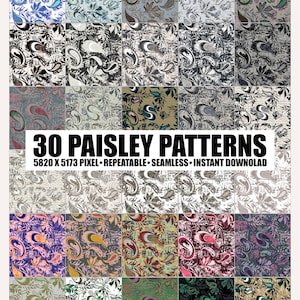 Può includere: Una collezione digitale di 30 motivi paisley con varie tavolozze di colori e disegni a goccia. Il testo 30 PAISLEY PATTERNS 5820 X 5173 PIXEL REPEATABLE SEAMLESS INSTANT DOWNOLAD è centrato sulla griglia dei motivi ripetuti.