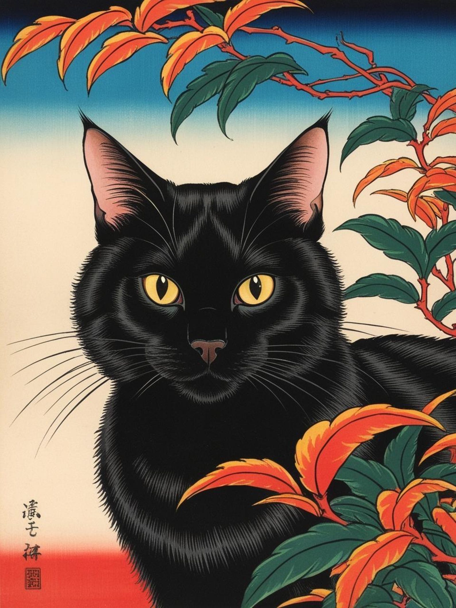Ukiyo-e Style Black Cat Wall Art – Personal Use Only- Japanese Vintage ...