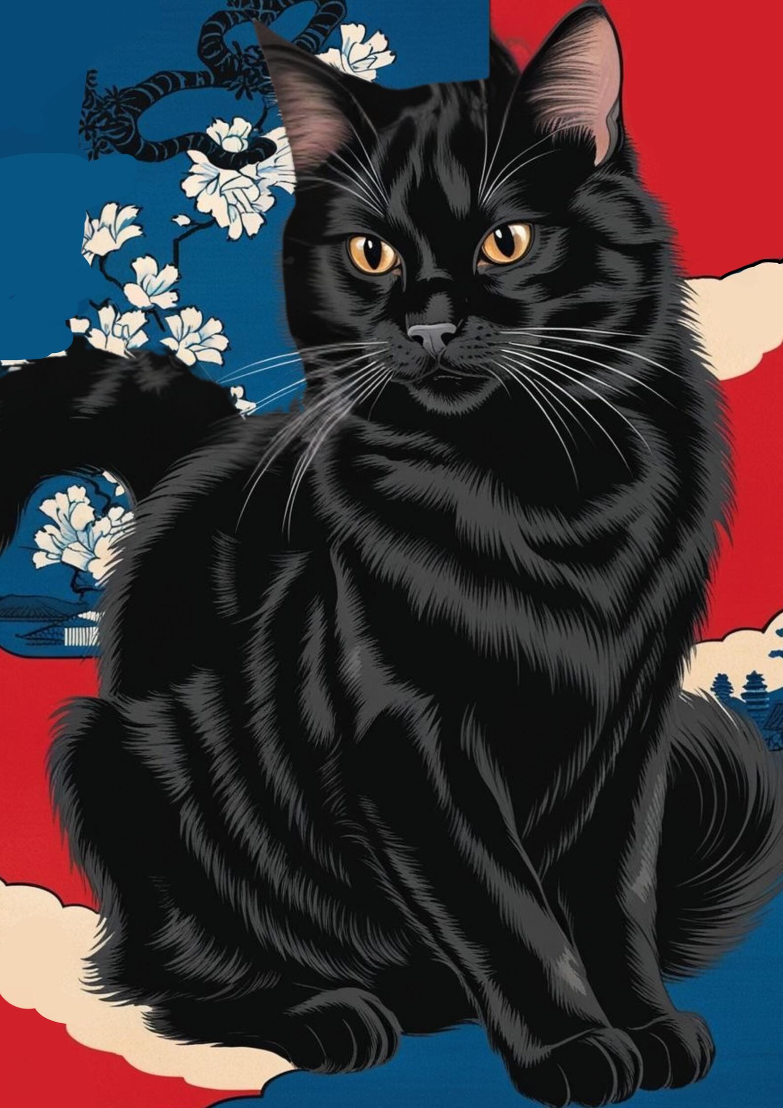 Ukiyo-e Style Black Cat Wall Art – Personal Use Only- Japanese Vintage ...