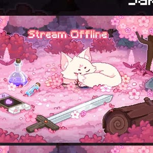 Scène de pixels animée en streaming : renard blanc Sakura dans une forêt de cerisiers en fleurs, forêt printanière rose avec fleurs, potion, Nintendo Twitch