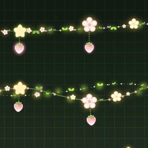 Puede incluir: Cadena de luces de fresa. Guirnalda decorativa con estrellas amarillas brillantes, flores blancas y corazones y fresas rosas. Las luces están ensartadas en un cable verde, ideal para añadir un toque caprichoso a cualquier espacio.