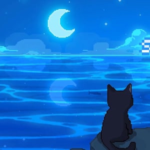 Pantalla de transmisión animada Lofi, Vista al océano del gato negro (MP4)