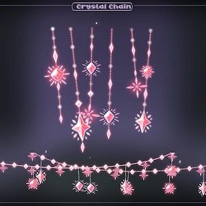 May include: Pink crystal chains and a crystal garland are displayed against a dark background. The chains feature various crystal shapes, including diamonds and stars. The text "Crystal Chain" is at the top.