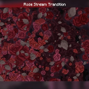 May include: A digital graphic titled Rose Stream Transition featuring a dense, layered pattern of red and dark burgundy roses interspersed with small, light gray leaves against a dark, shadowy background, creating a textured floral composition.