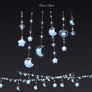 May include: A collection of celestial-themed decorations, including hanging chains with crescent moons, stars, and heart-shaped charms. The design features a gradient of light blue and white, with a dark background and the text "Moon Chain".