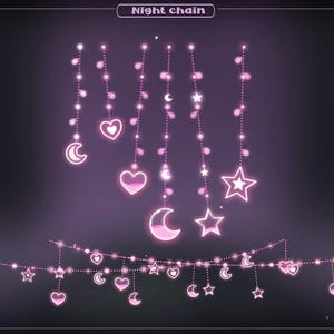 Peut inclure: Illustration numérique d'une guirlande lumineuse nocturne sur fond violet foncé. La guirlande est ornée de cœurs, de lunes et d'étoiles roses brillants. Le texte "Night chain" est en haut.