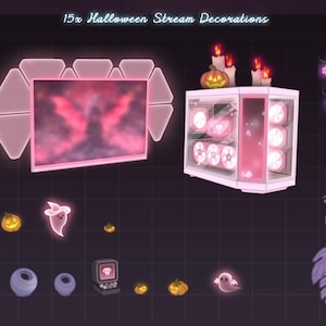 May include: A digital collection of 15x Halloween Stream Decorations featuring pink-themed gaming equipment, including a monitor, PC tower, glowing ghost icons, small pumpkins, a potted tree with glowing flowers, and a monstera plant on a dark grid.