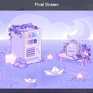 May include: A pixel art scene in shades of purple features a vending machine, backpack, and paper boats. The vending machine is adorned with purple vines. A crescent moon and stars dot the sky. The text "Pixel Stream" is at the top.