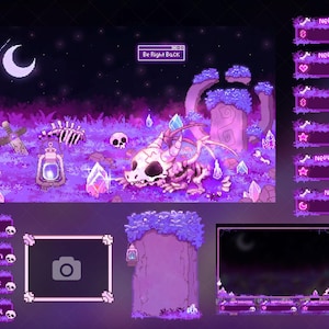 Op de afbeelding: Een pixel art streaming overlay set met een paars fantasielandschap met een draakenskelet, gloeiende kristallen, een lantaarn en een maansikkel. Bevat tekstvakken voor New Donation, New Follower, New Subscriber, New Cheer, FAQ, Patreon, Games en Contact.