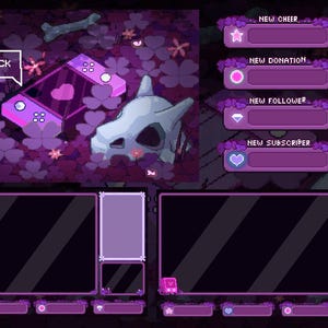 Könnte beinhalten: Ein Pixel-Art-Stream-Overlay mit einem lila und rosa Farbschema. Das Overlay enthält einen "Be Right Back"-Bildschirm, eine Spielkonsole und verschiedene Benachrichtigungsfelder für neue Cheers, Spenden, Follower und Abonnenten.