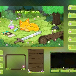 May include: A digital art overlay for a streaming channel, featuring a sleeping orange fox in a forest scene with the text "Be Right Back." Includes buttons for donations, followers, subscribers, and cheers.