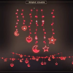 Pode incluir: Cadeia de luzes decorativa vermelha com formas de coração, estrela e lua crescente. O texto "Night chain" está no topo. A cadeia é projetada com pequenas luzes e ornamentos pendurados, criando um ambiente festivo e romântico.