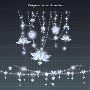 Op de afbeelding: De tekst Hologram Stream decorations staat boven een digitale illustratie van gloeiende, iriserende hangende decoraties. Het ontwerp bevat kralensnoeren versierd met lichtblauwe en witte harten, sterren, strikken en gevleugelde harten.