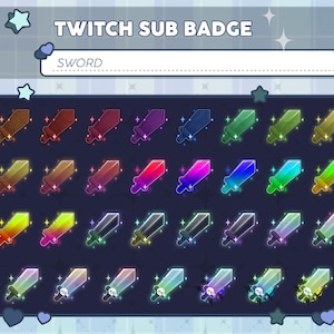 Puede incluir: Un conjunto de insignias de suscripción de Twitch con diseños de espadas en varios colores, incluyendo marrón, rojo, morado, verde y azul. Cada espada tiene un efecto brillante, con el texto "TWITCH SUB BADGE" y "SWORD".