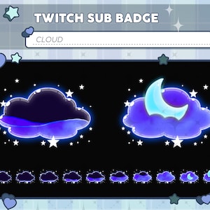 May include: Digital Twitch sub badge set featuring cloud designs in shades of blue and purple, with a glowing outline and stars. The text "TWITCH SUB BADGE" and "CLOUD" are displayed at the top.