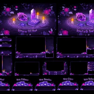 May include: A digital overlay set in shades of purple, featuring mystical elements. The design includes a central scene with a pentagram, crystals, and candles, with text that reads "Stream Offline" and "Starting Soon". Additional panels and buttons are included.