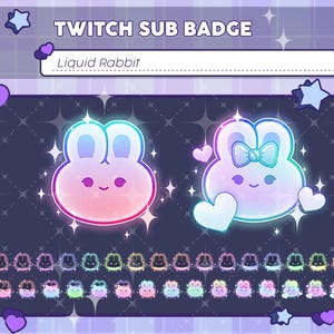 Puede incluir: Conjunto de insignias de suscripción de Twitch digitales con dos diseños de conejos brillantes, corazones y lazos. El texto "TWITCH SUB BADGE" y "Liquid Rabbit" están en la parte superior. Se muestra una variedad de insignias de conejos más pequeñas debajo.