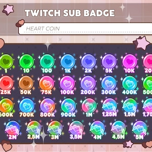 Op de afbeelding: Een set van 20 kleurrijke Twitch-abonnement badges met een hartontwerp. De badges zijn gerangschikt in rijen en kolommen, waarbij elke badge een ander aantal harten laat zien. De nummers variëren van 1 tot 5 miljoen. De badges zijn allemaal in een vergelijkbare stijl, met een gloeiende omtrek en een hart in het midden. De tekst "HEART COIN" wordt bovenaan de afbeelding weergegeven.