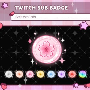 Może przedstawiać: Grafika cyfrowa dla odznaki subskrypcji Twitch. Projekt przedstawia różową monetę z kwiatem wiśni pośrodku. Poniżej znajduje się kilka mniejszych wariantów monet w różnych kolorach. Tło jest czarne z wzorem diamentów i różowymi akcentami.