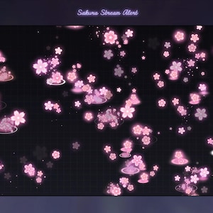Peut inclure: Une superposition graphique numérique avec le texte Sakura Stream Alert en haut, présentant de nombreuses fleurs de cerisier roses lumineuses dispersées sur un fond sombre, certaines semblant onduler sur l'eau avec des cercles lumineux.