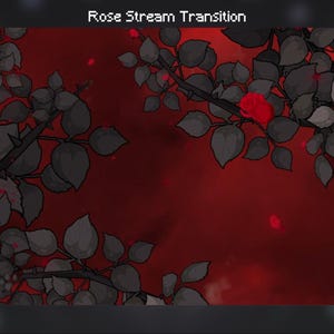 May include: A digital graphic titled Rose Stream Transition featuring dark gray rose leaves and stems framing a deep red background. Two vibrant red rose blossoms are visible on the right side, with small red petals scattered throughout the scene.