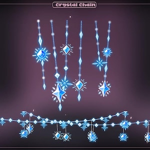 May include: An image of crystal chains with a variety of blue crystal shapes, including diamonds and stars. The text "Crystal Chain" is at the top. The crystals are strung together with small beads, creating a sparkling, decorative effect.