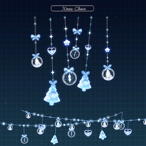 Puede incluir: Ilustración digital de decoraciones de cadenas navideñas. El diseño presenta varios adornos, incluyendo árboles de Navidad, corazones y bolas, todos en color azul claro. El texto "Xmas Chain" está en la parte superior.