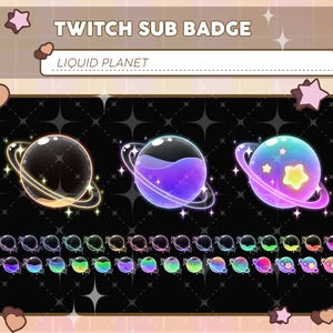 Può includere: Badge digitali per abbonati Twitch con design di pianeti con anelli. I badge includono una varietà di colori e stili, con il testo "TWITCH SUB BADGE" e "LIQUID PLANET" in alto. I pianeti hanno un effetto liquido.
