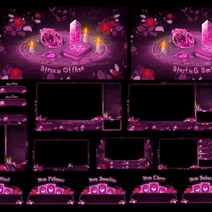 May include: A dark purple streaming overlay set with a gothic theme. The design includes roses, crystals, and a pentagram. The text "Stream Offline" and "Starting Soon" are visible. There are various panels for streaming information.