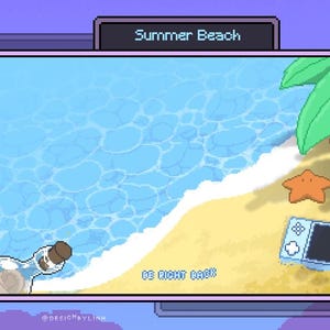 May include: Pixel art scene of a summer beach with blue water, a sandy shore, and a starfish. A message in the image says "Be Right Back". A bottle with a message inside is in the corner.