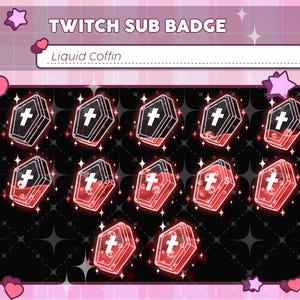 Puede incluir: Un conjunto de insignias de suscripción de Twitch con diseños de ataúdes. Las insignias son negras y rojas, con una cruz blanca en cada ataúd. El texto "Liquid Coffin" está en la parte superior. Corazones y estrellas rosas decoran el fondo.