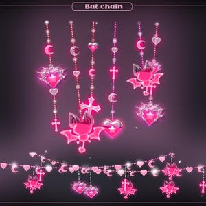 Puede incluir: Cadena rosa con temática de murciélagos con dijes de corazón, cruz y luna. La cadena presenta una serie de adornos colgantes con un efecto brillante. El texto "Bat chain" está en la parte superior. El diseño está sobre un fondo oscuro.