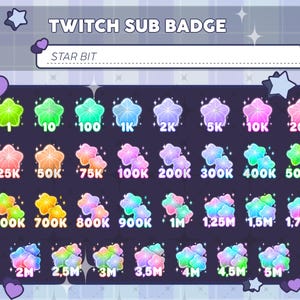 Puede incluir: Un conjunto de 20 insignias de suscripción de Twitch en forma de estrella de colores con diferentes números de estrellas, que van de 1 a 5 millones. Las insignias están diseñadas para ser utilizadas en Twitch para recompensar a los suscriptores por su apoyo.